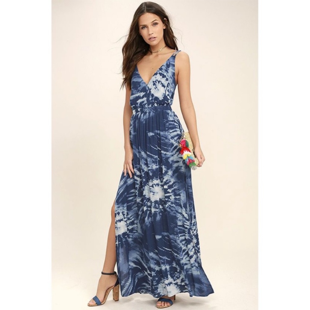 Lulu’s Lost in Paradise blue and white maxi dress